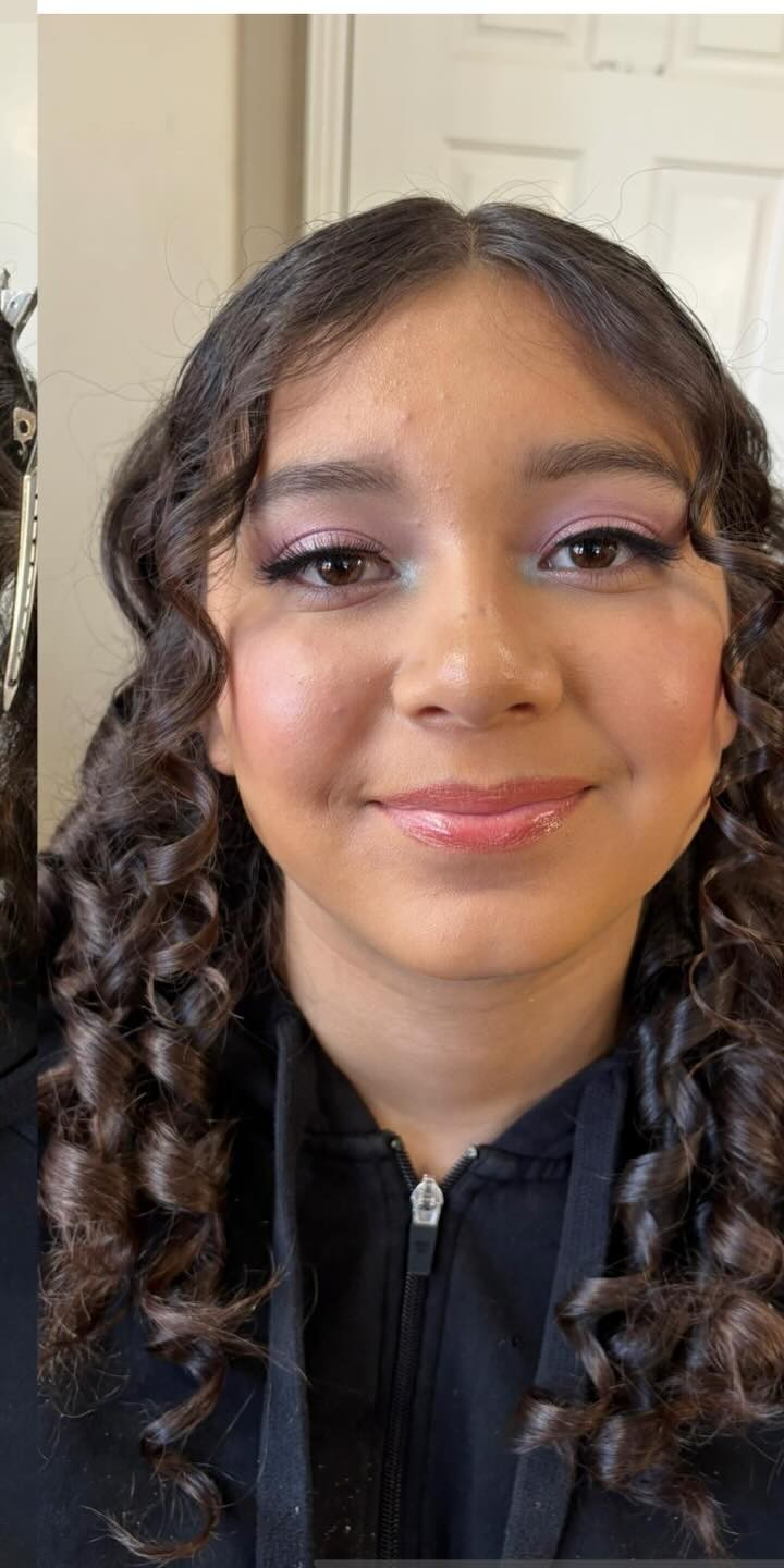 Quinceañera client after MakeupByGen full glam with lavender smokey eye, glossy lip, and defined curls