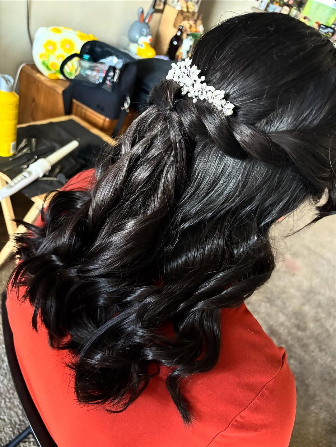 Glossy waterfall waves with crystal hair comb by MakeupByGen